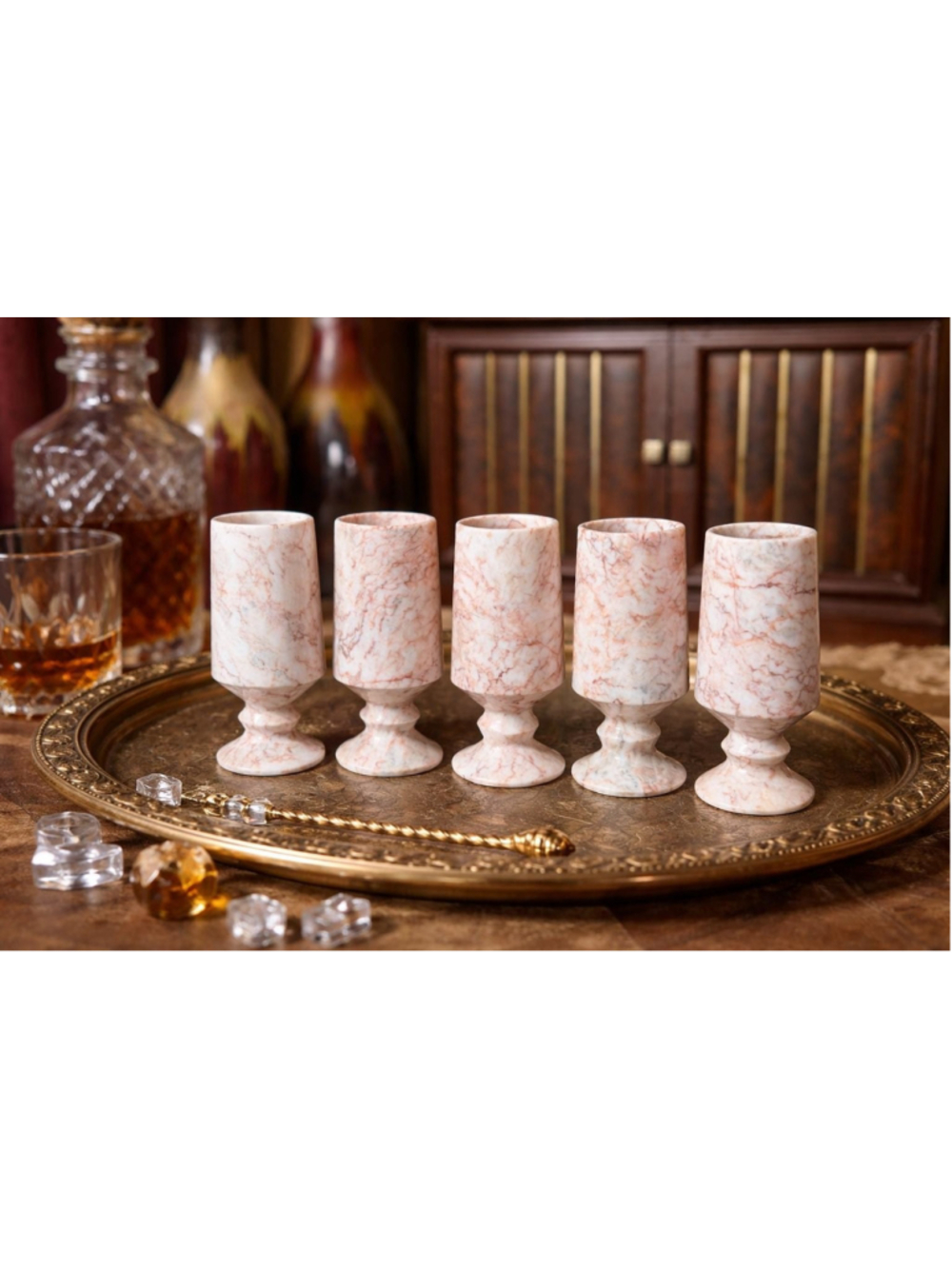 Vintage Marble Onyx Shot Glass Set 5 Pink Veined Stone Goblets Barware